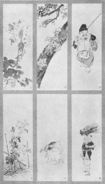 Squirrel and Grapes (1). Kayenu Matsu (2). Evesco or Ebisu (3). Zan Kiku (4). First Snow (5). Oharame (6). Plate LXII. Squirrel and Grapes (1). Kayenu Matsu (2). Evesco or Ebisu (3). Zan Kiku (4). First Snow (5). Oharame (6). Plate LXII.