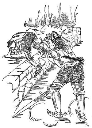 TOSSED HIS FOE OVER THE SIDE OF THE BRIDGE. TOSSED HIS FOE OVER THE SIDE OF THE BRIDGE.