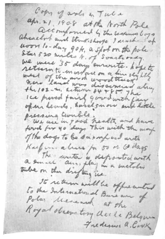 RECORD LEFT IN BRASS TUBE AT NORTH POLE