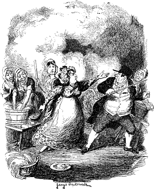 Klik voor vergroting (976×1194px, 238kb) ZIJ GREEP EEN TIJL MET ZEEPSOP, DUWDE MR.   BUMBLE NAAR DE DEUR EN BEVAL HEM ONMIDDELLIJK HEEN TE GAAN, WILDE HIJ   DEN INHOUD NIET OP ZIJN WAARDIGE PERSOON UITGESTORT ZIEN.