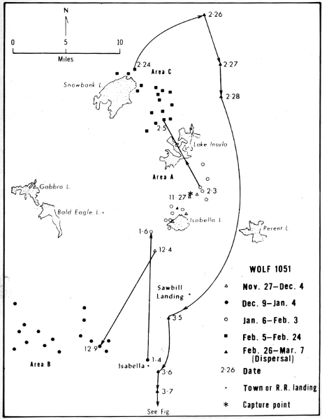 Figure 19.—Locations and range of wolf 1051. Lines are NOT travel routes; rather they merely indicate sequence of locations. Only selected lakes are shown. Figure 19.—Locations and range of wolf 1051. Lines are NOT travel routes; rather they merely indicate sequence of locations. Only selected lakes are shown.