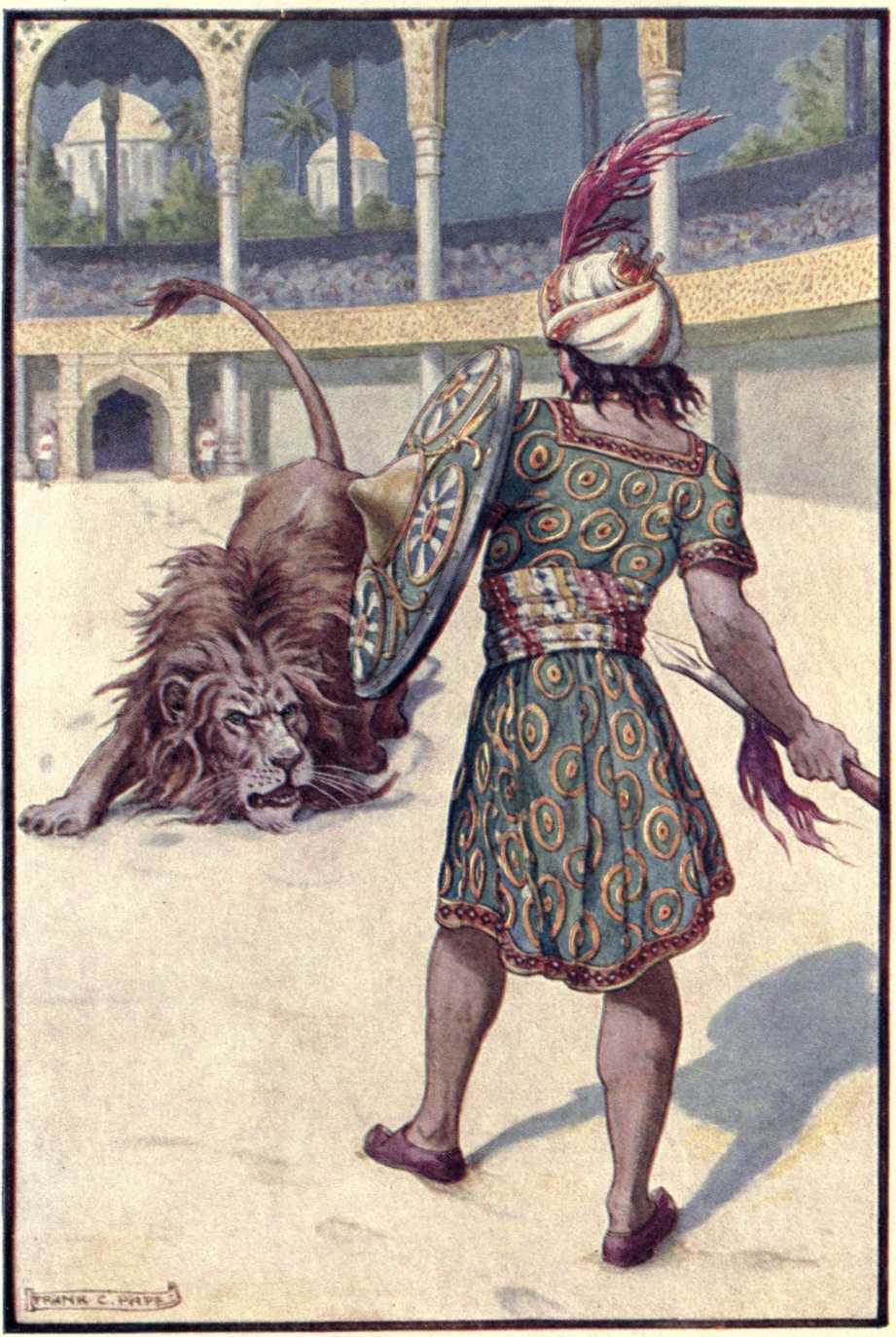 "With steady gaze he advanced, spear in hand." "With steady gaze he advanced, spear in hand."