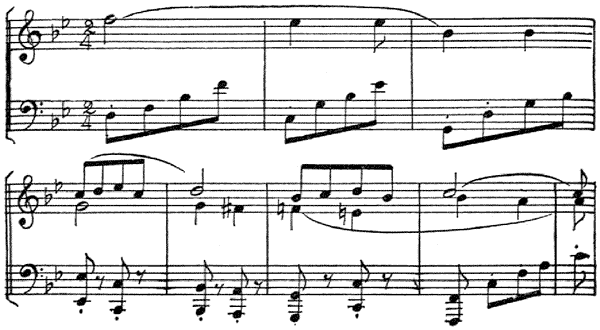 Music Transcriber's Note: Added missing staccato markings in bass staff Music