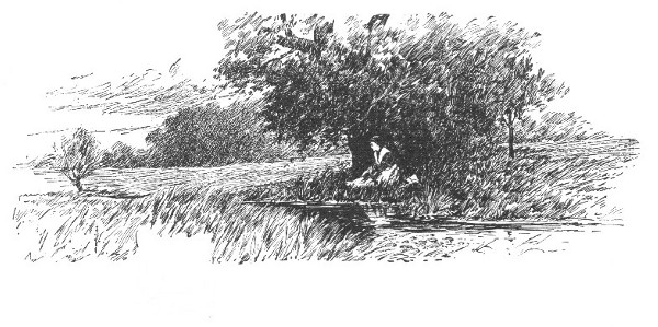 Little Ellie girl sitting under a tree by a stream