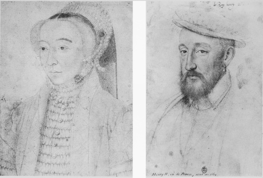 Plate X.  CATHERINE DE MEDICIS.  Attributed to Corneille de Lyon.  Musée Condé.  HENRI II.  François Clouet.  Bibl. Nat. Paris.  To face page 26.