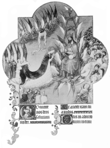 Plate XXXIX.  Photo. Girandon  THE CORONATION OF THE VIRGIN.  Pol de Limbourg and his Brothers  From The “Très Riches Heures du Duc de Berry.”  To face page 178.