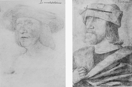 Plate XLIX.  Photo. Giraudon.  SEIGNEUR DE PALISSE.  Attributed to J. Perréal. (About 1515).  Photo. Giraudon.  COMTE DE LIGNY.  Attributed to J. Perréal. (About 1505).  Musée Condé.  To face page 202.