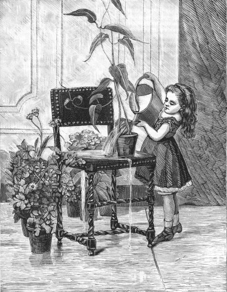 small girl with big watering can