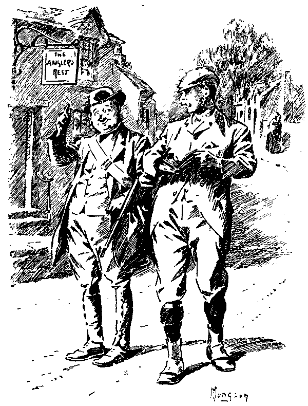 Two men walking past a  bar.