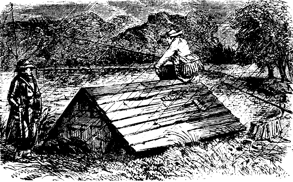 Two anglers in heavy rain.