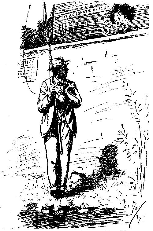 Fisherman being watched  over a wall.