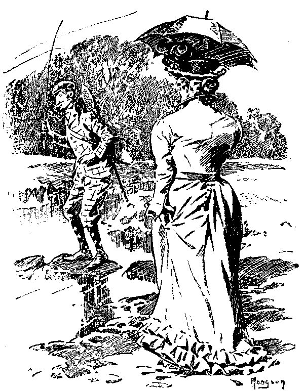 Angler talking to wife.