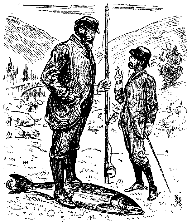 Tall  angler speaking to short man