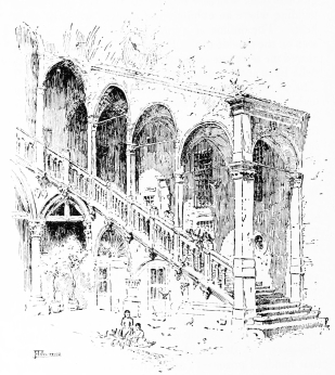 OUTSIDE STAIRCASE, PUBLICO PALAZZO  It is interesting to compare these two sketches. The first shows the staircase as it stood some four years ago with an upper colonnade of fine “Cinquecento” work. The second shows that work swept away, under the delusion that it was better to see the staircase in its original form.