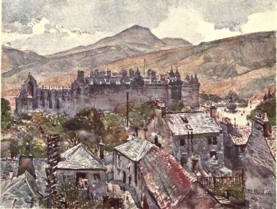 HOLYROOD PALACE FROM THE PUBLIC GARDENS UNDER CALTON HILL  Holyrood Palace stretches across the picture east and west, and is dominated by Arthur’s Seat and Salisbury Crags. The dark turret at the west end of the nearest and north wing contains the private supper-room of Queen Mary, the room from which the Italian Rizzio was taken to his death. The end of the south wing shows beyond, and through a gap in the mean buildings, occupying the foreground of the picture, is seen the open space in front of the Palace, the restored fountain, and the entrance to a carriage road called the Queen’s Drive. The conical roofs of the towers of the Guard House appear to the extreme right. The gable and east window of the Chapel Royal (part of the ancient Abbey), together with the tower, show at the eastern extremity of the north wing.