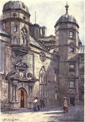 QUADRANGLE OF GEORGE HERIOT’S HOSPITAL  The picture shows parts of the north and east sides of the Quadrangle. In the centre of the north side is the entrance doorway to the chapel, above which rises an oriel window combined with a half octagonal tower, peculiar and picturesque in construction. An octagonal tower of five storeys is seen in the north-east angle of the court.