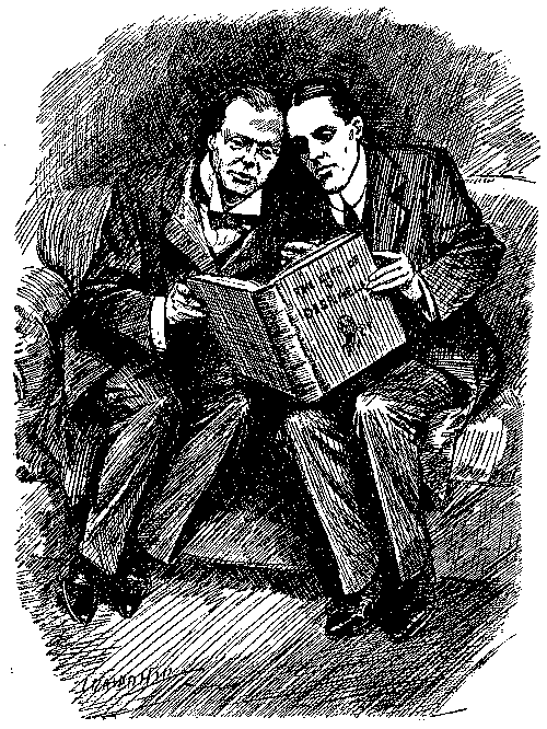 Cartoon, two men studying a book.