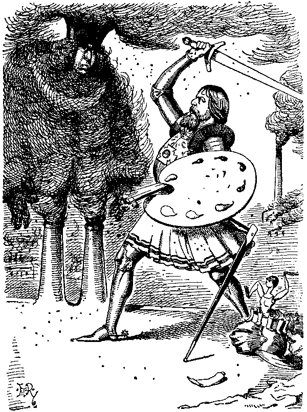 Cartoon, knight attacking nebulus figure