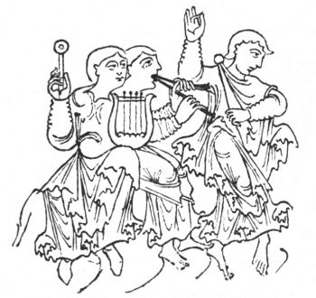DANCE WITH LYRE AND DOUBLE FLUTE From The Psychomachia, or Battle of the Soul, of Aurelius Prudentius, MS. of Eleventh Century
