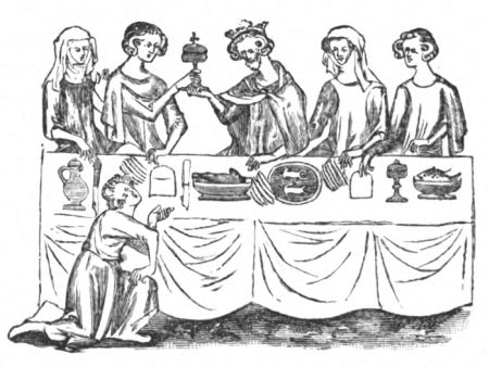 KING AT TABLE, FOURTEENTH CENTURY From Royal MS., 2 B7, fol. 57