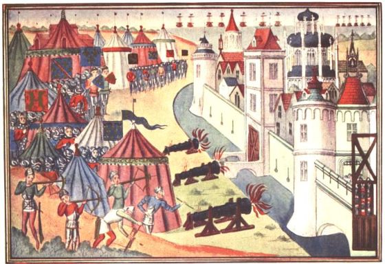 THE GRAND ASSAULT UPON THE TOWN OF AFRICA BY THE ENGLISH AND FRENCH From the Froissart MS. in the British Museum Reproduced by André and Sleigh, Ltd., Bushey, Herts