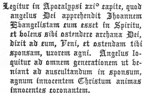 Legitur in Apocalypsi xxiº capite, quod angelus Dei apprehendit Jhoannem Evangelistam cum esset in Spiritu, et volens sibi ostendere archana Dei, dixit ad eum, Veni, et ostendam tibi sponsam, uxorem agni. Angelus loquitur ad omnem generationem ut veniant ad auscultandum in sponsum, agnum innocentem Christum animas innocentes coronantem.