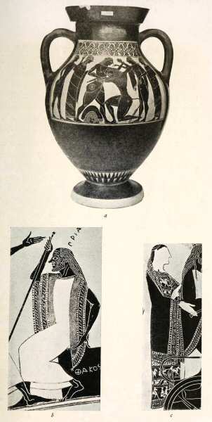Fig. 7.—(a) Vase—British Museum. (b and c)             Vase-paintings by Klitias and Ergotimos, Florence. Illustration: (a) Vase—British Museum. (b and c)             Vase-paintings by Klitias and Ergotimos, Florence