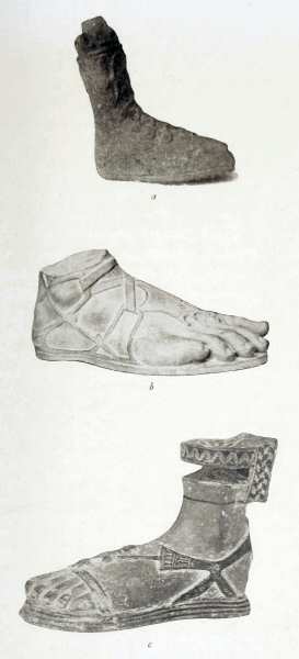 Fig. 48. (a) A Bronze in the British Museum. (b) Foot             of the Hermes of Praxiteles (from a cast in the British             Museum). (c) A Terra-cotta Flask in the British Museum. Illustration: (a) A Bronze in the British Museum. (b) Foot             of the Hermes of Praxiteles (from a cast in the British             Museum). (c) A Terra-cotta Flask in the British Museum.