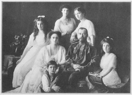 Image unavailable: THE ROYAL FAMILY  Seated, from left to right: The Grand-Duchess Marie; the Czarina, with the little Grand-Duke Alexis at her knee; the Czar; the Grand-Duchess Anastasia, the youngest of the four girls. Standing, from left to right: The Grand-Duchess Tatiana, and the Grand-Duchess Olga immediately behind her father.