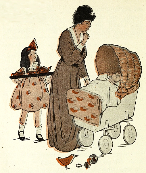 mother looking down at baby in pram; girl behind her