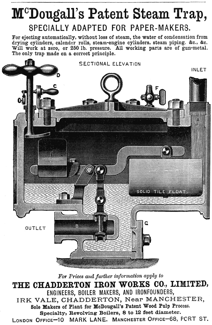 McDougall’s Patent Steam Trap,  SPECIALLY ADAPTED FOR PAPER-MAKERS.  For ejecting automatically, without loss of steam, the water of condensation from drying cylinders, calender rolls, steam-engine cylinders, steam piping, &c., &c. Will work at zero, or 250 lb. pressure. All working parts are of gun-metal. The only trap made on a correct principle.  For Prices and further information apply to  THE CHADDERTON IRON WORKS CO., LIMITED,  ENGINEERS, BOILER MAKERS, AND IRONFOUNDERS,  IRK VALE, CHADDERTON, Near MANCHESTER,  Sole Makers of Plant for McDougall’s Patent Wood Pulp Process.  Specialty, Revolving Boilers, 8 to 12 feet diameter.  LONDON OFFICE—10 MARK LANE. MANCHESTER OFFICE—68, PORT ST.