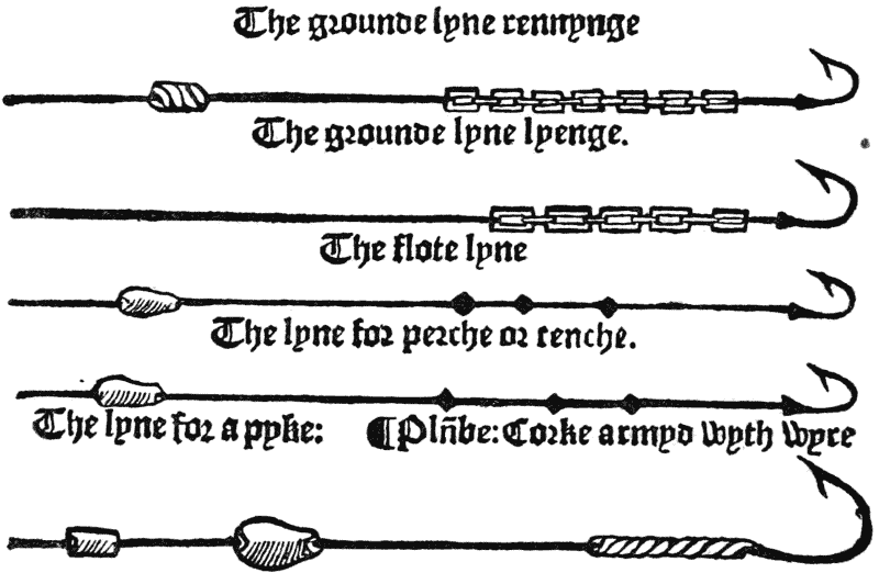 The grounde lyne rennynge  The grounde lyne lyenge.  The flote lyne  The lyne for perche or tenche. The lyne for a pyke : ¶ Pln̄be : Corke armyd wyth wyre