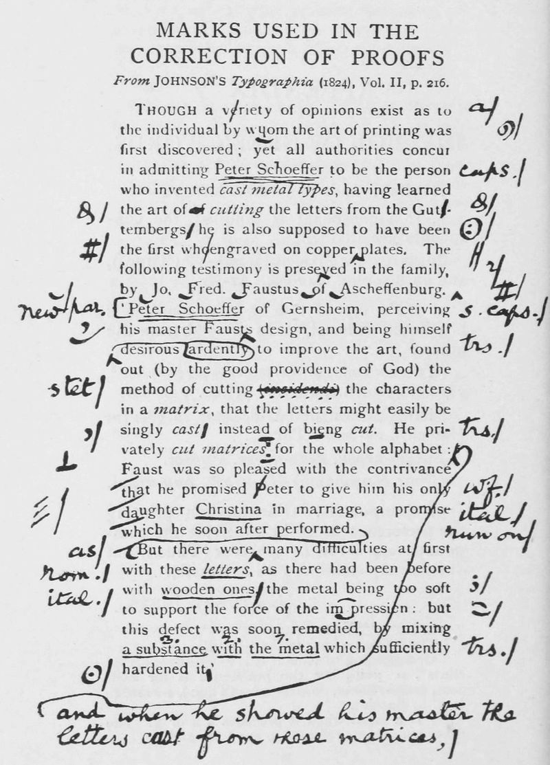 a page of text with numerous examples of handwritten proofing marks.