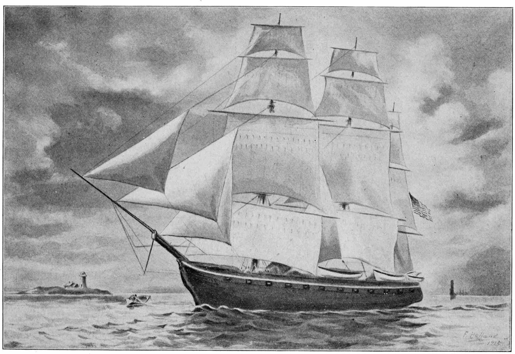 From a Painting by Frank Holland.   WARSHIP PORTSMOUTH WHICH CARRIED THE AMERICAN FLAG INTO SAN FRANCISCO IN 1846.
