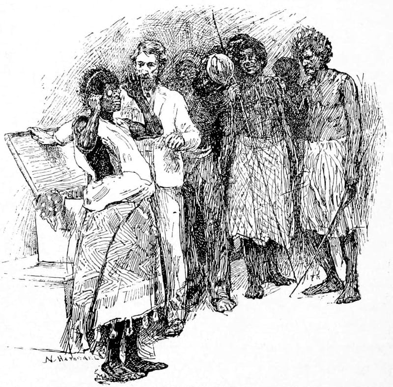 A woman wearing glasses while others observe.