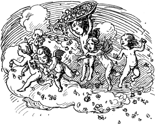 Der Frühling, in Form von   Putten, überschüttet die Welt mit Blüten.