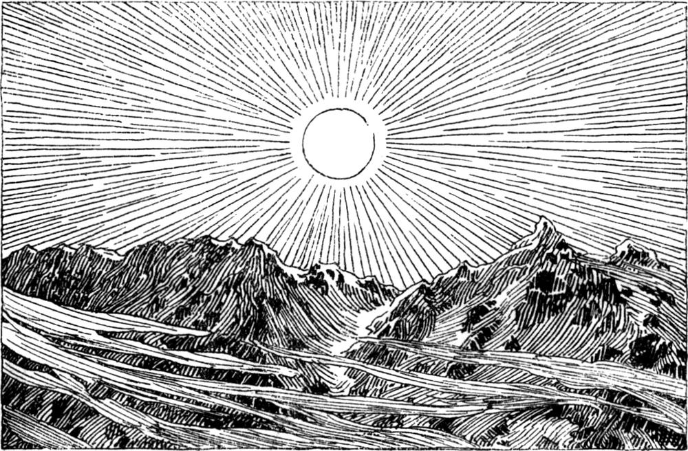 Die Sonne strahlt hell über den   Bergen