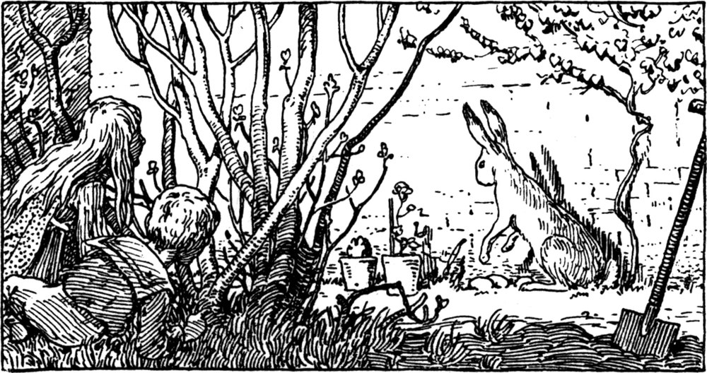 Der Osterhase wird von   zwei Kindern heimlich beobachtet.